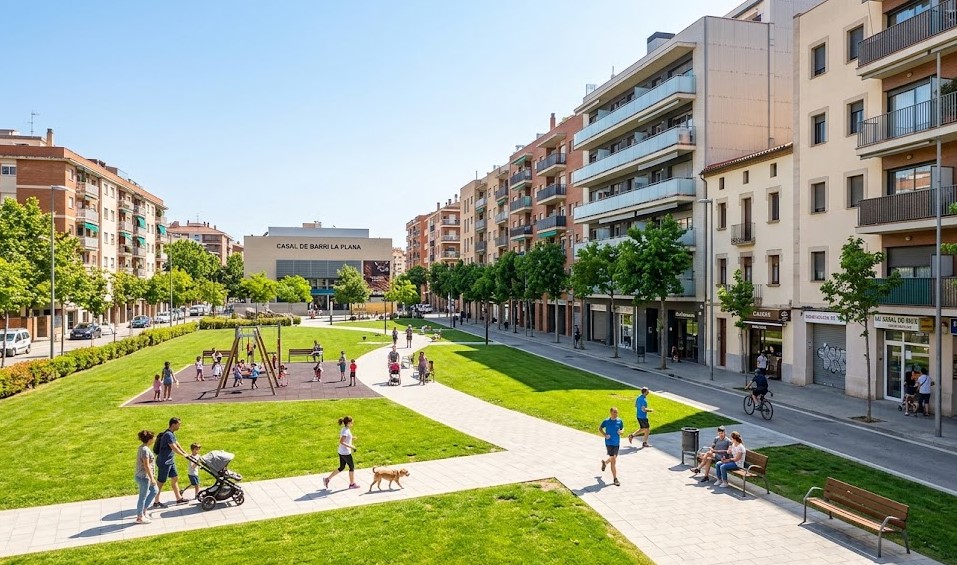 Vistas de las calles residenciales, el Parc de la Solidaritat y el barrio de La Plana en Esplugues